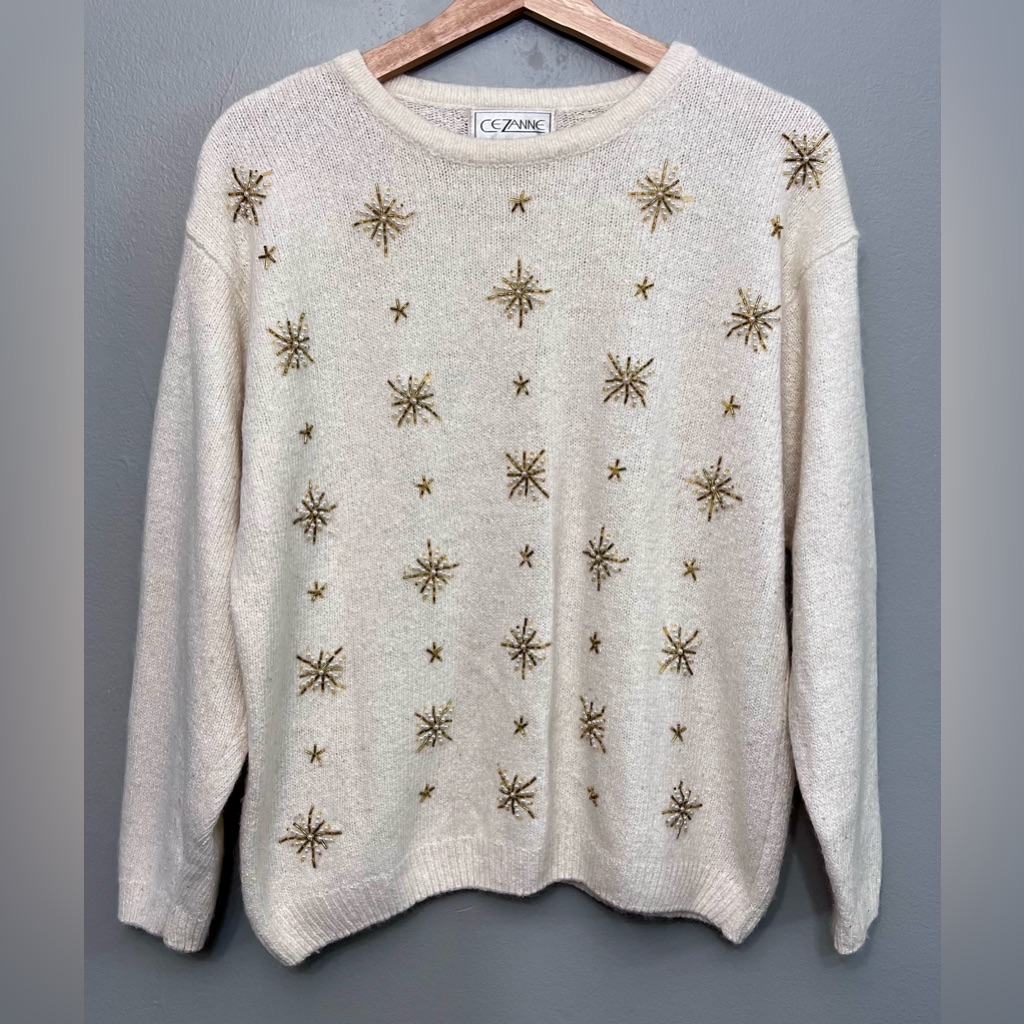 Vtg Cezanne Beaded Snowflake Silk Blend Cream Sweater Size Medium